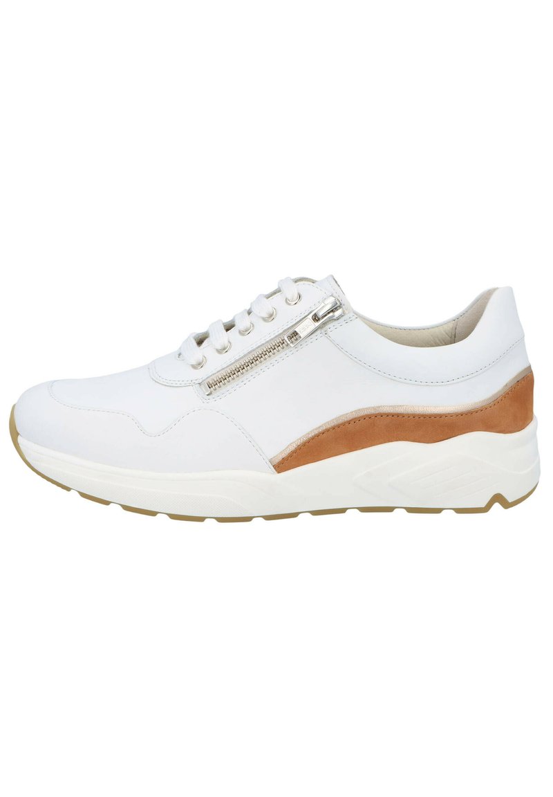 White sneaker with a tan leather accent, featuring a side zipper, lace closure, and thick white sole. Smooth texture with a sporty design.