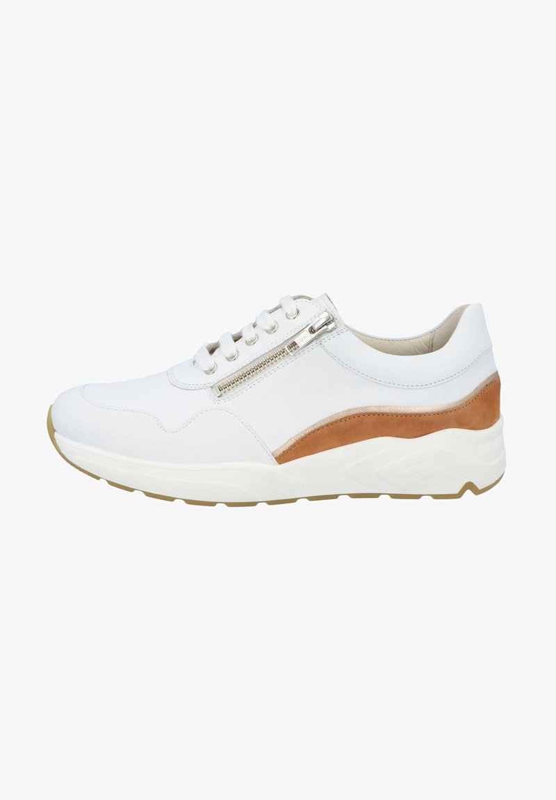 White sneaker with a tan leather accent, featuring a side zipper, lace closure, and thick white sole. Smooth texture with a sporty design.