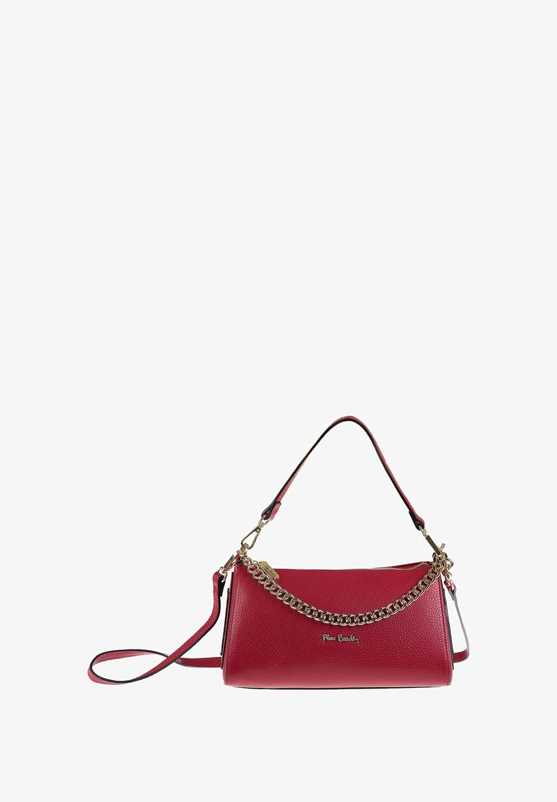 Red leather handbag with gold chain detail, detachable shoulder strap, and zip closure, branded "Pierre Cardin" on the front.