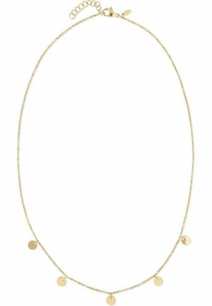 Goldene Halskette mit einer zarten Kette und fünf gleichmäßig verteilten, runden Anhängern. Sie verfügt über einen Karabinerverschluss mit einer verstellbaren Kettenverlängerung.