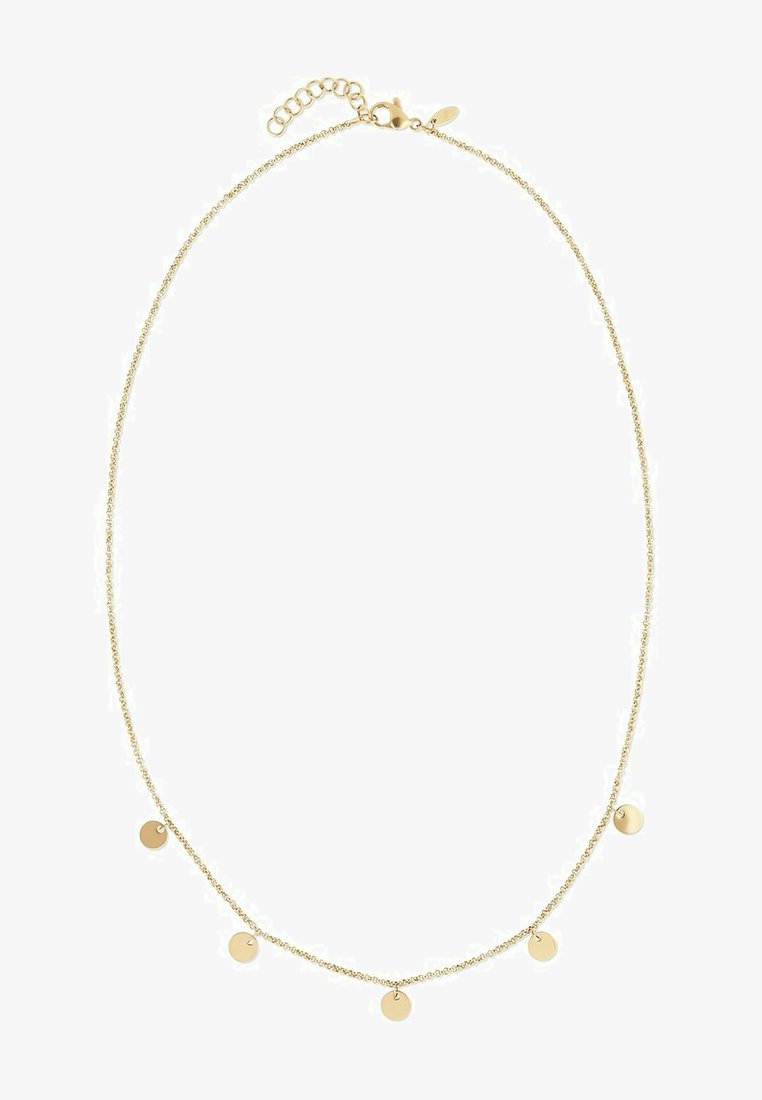 Gouden halsketting met een delicate ketting en vijf gelijkmatig verdeelde, ronde hangers. Voorzien van een klemmetje en een verstelbare kettingverlenging.