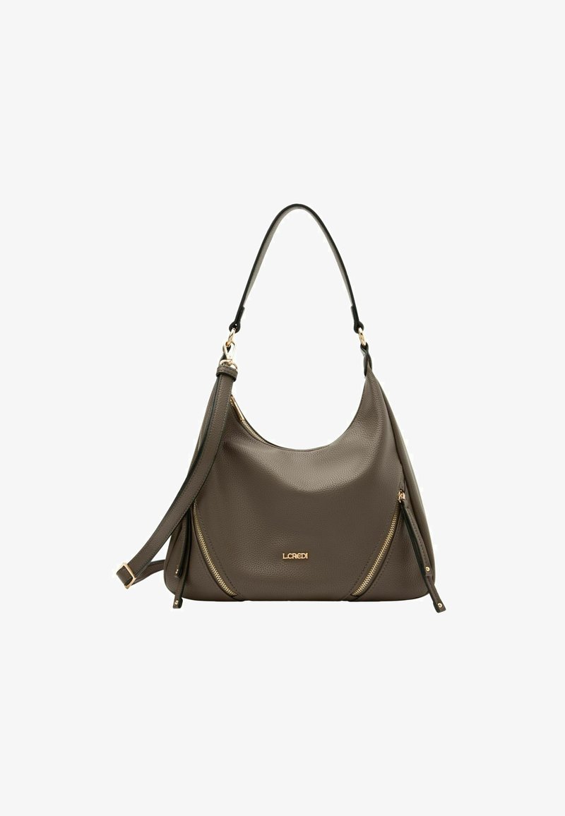 Borsa a tracolla in pelle marrone con hardware dorato, superficie texturizzata e due tasche con zip sulla parte anteriore. Tracolla regolabile per diverse opzioni di trasporto.
