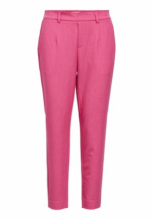 Roosad kohandatud püksid siledast materjalist, mis on varustatud tavalise värviga, voldikutega ja kitseneva sääre disainiga.