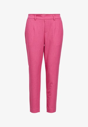 Pantalones ajustados de color rosa con una textura suave, que presentan una cintura estándar, pliegues y un diseño de pierna ajustada.
