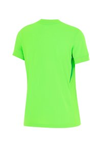 Kurzärmeliges T-Shirt aus leuchtend grünem Stoff, mit glatter Textur und lockerer Passform, Rundhalsausschnitt und dezenten Seitenakzenten.