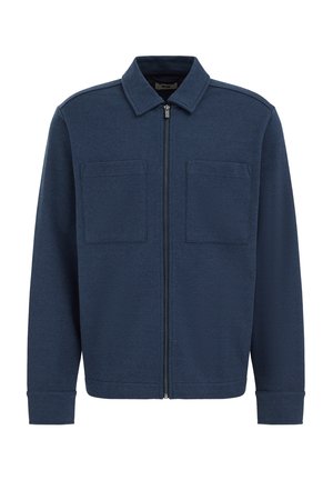 Marineblå lynlåsjakke lavet af struktureret stof, med krave, to forlommer og ribstrikkede ærmegab.