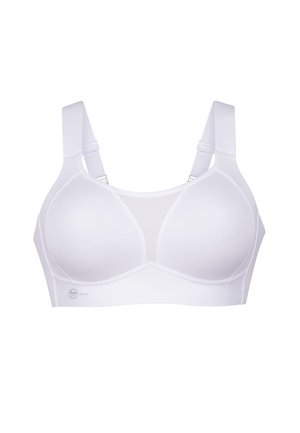 Weißer Sport-BH mit vorgeformten Cups und Mesh-Details. Verfügt über breite Träger und eine glatte Oberfläche. Nahtlose Konstruktion für Komfort und Unterstützung.
