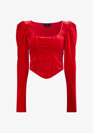 Czerwona aksamitna bluzka z długimi rękawami, kwadratowym dekoltem, bufiastymi rękawami oraz dopasowanym koronką i detalami szwami. Gładka tekstura i smukła sylwetka.