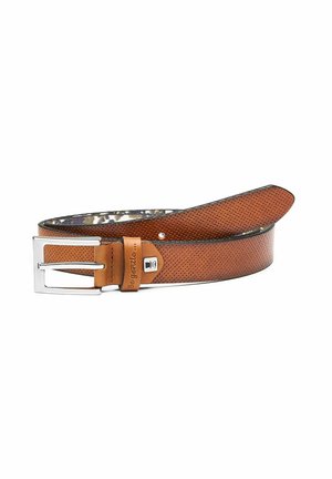 Brown perforated leather belt with a silver metal buckle. Features a "Be gentle" tag and a contrasting inner pattern. Smooth texture.