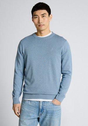 Jonge man die een lichtblauwe ronde hals trui draagt over een wit overhemd en blauwe spijkerbroek, staand met één hand in de zak tegen een effen achtergrond.