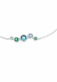 Collana in argento con cinque gemme circolari colorate: due blu, due verdi e un opale pallido, incastonate in eleganti montature levigate.