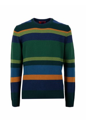 Der Wollpullover verfügt über einen Rundhalsausschnitt, lange Ärmel und horizontale Streifen in Grün, Blau, Orange und Marineblau. Ribbelbündchen und Saum.
