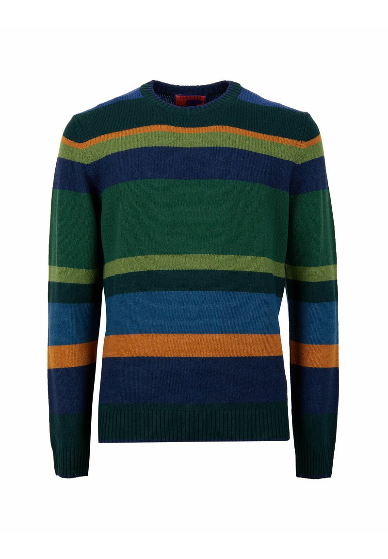 Der Wollpullover verfügt über einen Rundhalsausschnitt, lange Ärmel und horizontale Streifen in Grün, Blau, Orange und Marineblau. Ribbelbündchen und Saum.