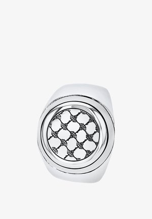 Zilveren ring met een ronde zwart-wit gestreepte inlay, met een gladde, gepolijste afwerking en een geometrisch ontwerp.