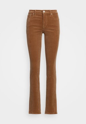 Pantaloni din bumbac cord cu o formă evazată, închidere frontală cu nasture și design cu cinci buzunare. Textură moale cu model aşezat vertical.