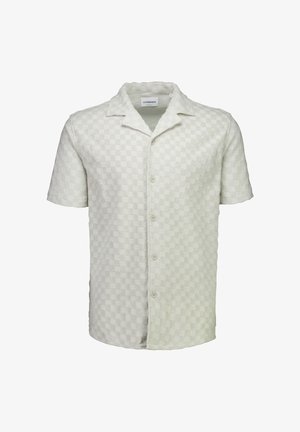 Camicia a maniche corte, con bottoni, di colore bianco sporco con motivo a scacchi testurizzato e colletto alla marinara.
