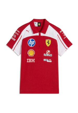 Czerwona i biała koszulka polo wyścigowa Ferrari z logo sponsorów, w tym HP, Shell, IBM, UniCredit i CEVA, z kołnierzem na zamek.