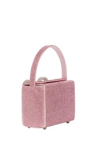 Rosa texturerad handväska med rektangulär form, utrustad med ett kort handtag och dekorerad med glittrande detaljer. Slät kant och botten.