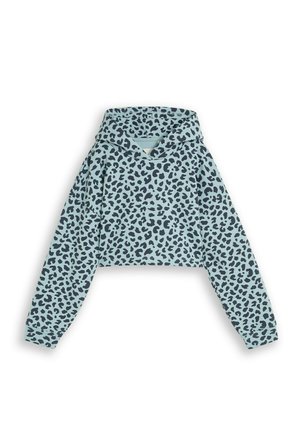 Hellblauer kurz geschnittener Hoodie mit schwarzem Leopardenmuster und langen Ärmeln, flach auf weißem Hintergrund dargestellt.