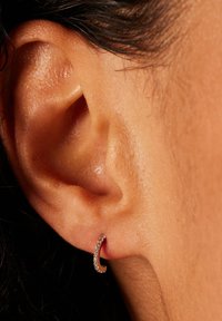 Petite boucle d'oreille en métal argenté, ornée de petits strass transparents, portée sur une oreille percée, mettant en valeur un design courbé et délicat.