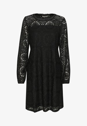 Schwarzes Spitzenkleid mit langen Ärmeln, das aufwendige Muster und einen gewellten Ausschnitt aufweist. Lockere Passform mit einem mittel-langen Schnitt.