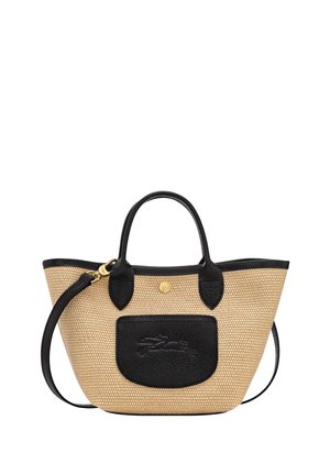 Woven straw handbag with black leather accents and a front pocket. Features short handles and a removable shoulder strap.