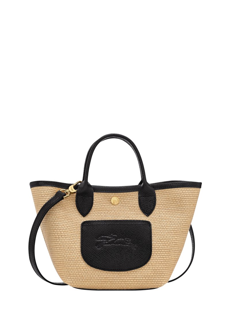 Gewebte Strohtasche mit schwarzen Lederelementen und einer Vordertasche. Verfügt über kurze Griffe und einen abnehmbaren Schultergurt.