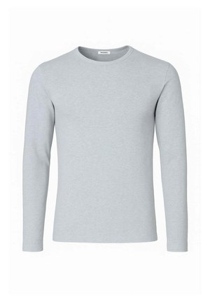 T-shirt a maniche lunghe grigio chiaro realizzato in un tessuto morbido e liscio. Presenta un collo rotondo e maniche aderenti; nessun motivo o dettaglio visibile.