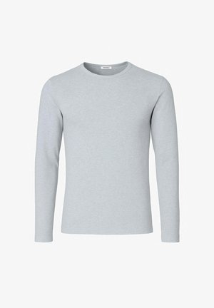 T-shirt a maniche lunghe grigio chiaro realizzato in un tessuto morbido e liscio. Presenta un collo rotondo e maniche aderenti; nessun motivo o dettaglio visibile.