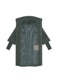 Manteau extérieur vert à la texture douce, avec un intérieur satiné, des fermetures à pression, des manches larges et plusieurs poches intérieures.