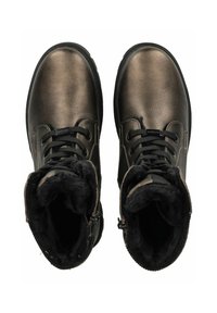 Bottes en cuir métalliques bronze avec fermeture à lacets noirs, doublure en velours noir et fermeture éclair. Semelle en caoutchouc avec crampons texturés.