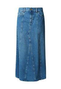 Denim rok in lichtblauw, knie-lengte, met een fitted taille, knoopsluiting en voorzakken; heeft een paneelontwerp en een rafelrand.