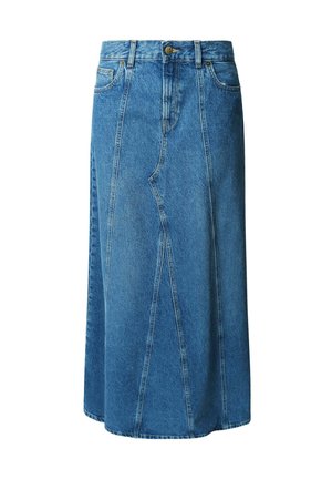 Denim rok in lichtblauw, knie-lengte, met een fitted taille, knoopsluiting en voorzakken; heeft een paneelontwerp en een rafelrand.