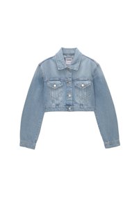 Kort denimjacka i ljusblått, med knäppning, två bröstfickor och krage.