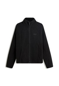 Jachetă din fleece neagră cu guler înalt, fermoar frontal și două buzunare laterale. Are un material texturat și detalii cu cusături contrastante.