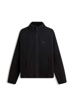 Schwarze Fleecejacke mit hohem Kragen, Frontreißverschluss und zwei Seitentaschen. Verfügt über strukturierten Stoff und kontrastierende Nahtdetails.