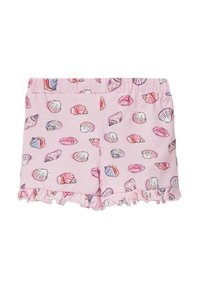 Shorts roses en tissu doux avec un motif de coquillage. Présente un ourlet volanté avec des illustrations détaillées de divers coquillages.