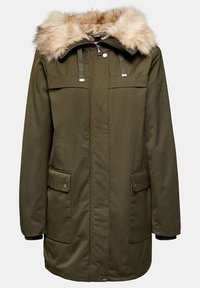Parka d'hiver vert olive avec capuche bordée de fourrure, fermeture éclair à l'avant et poches à pression, conçu pour la protection contre le froid.