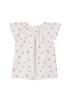 White short-sleeve blouse with light blue vertical stripes and small red cherry prints, featuring a gathered neckline and button closure at the back.