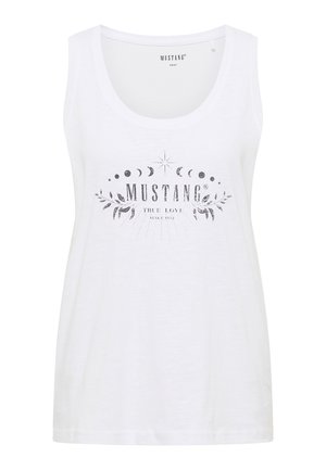 Camiseta sin mangas de algodón blanco con escote redondeado, que presenta un diseño impreso en negro que incluye texto y elementos decorativos.