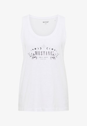 Witte katoenen tanktop met een ronde hals, voorzien van een zwart bedrukt ontwerp met tekst en decoratieve elementen.