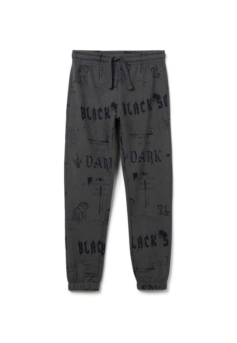 Pantalones jogger gris oscuro con texto gráfico negro y bocetos, que incluyen frases como "BLACK" y "DARK", puños elásticos y cintura con cordón.
