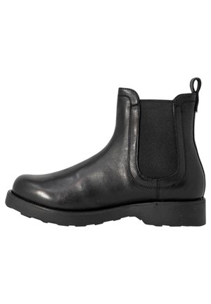 Stivale Chelsea in pelle nera con pannelli elastici laterali, linguetta sul retro, punta arrotondata e suola texturizzata per una buona presa. Finitura liscia con dettagli minimi.