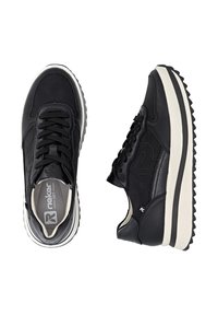 Black leather sneakers with a textured surface, featuring a white midsole, black laces, and a zigzag patterned outsole. Rieker logo visible.