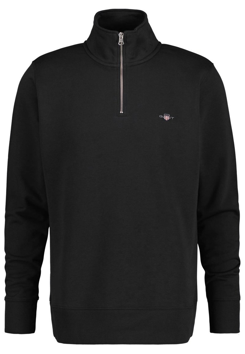Black zippered sweatshirt with a high collar, made of soft fabric. Features ribbed cuffs and hem, with a small logo on the left chest.