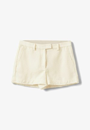 Helle, fast strukturierte Stoffshorts mit Gürtelschlaufen, Vordertaschen und einem verdeckten Frontverschluss.