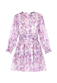 Bloemenjurk met lange, pofmouwen. Gemaakt van doorschijnende stof met paarse en lavendelkleurige patronen. Heeft een getailleerde taille en een geplooide rok.