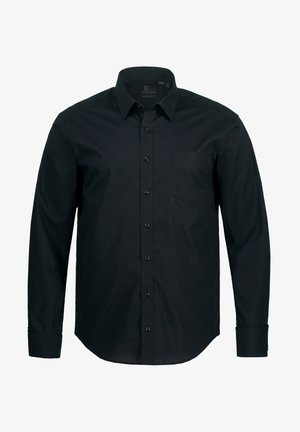 Zwarte overhemd met lange mouwen van een gladde stof, voorzien van een puntige kraag, een enkele borstzak en zwarte knopen aan de voorkant.