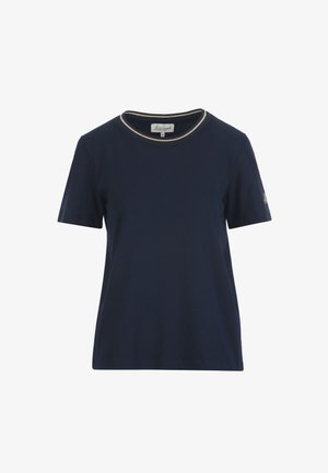 Donkerblauw T-shirt met korte mouwen, goudkleurige rand aan de ronde halslijn en een klein geborduurd logo op de linker mouw, maat small.