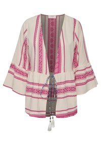 Lehký, krémový bavlněný kimono s růžovými dekorativními pruhy, rozšířenými rukávy a uzávěrem na zavazování, který má korálkovou ozdobu a třásně.